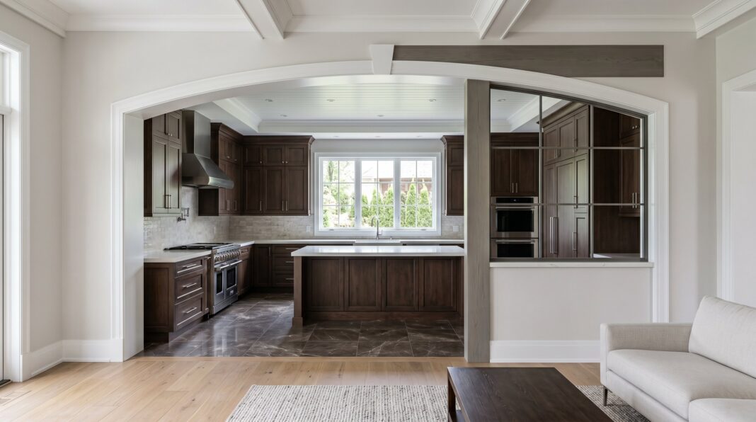 Closed kitchen with black framed glass partitions, pocket doors, and warm walnut cabinetry.