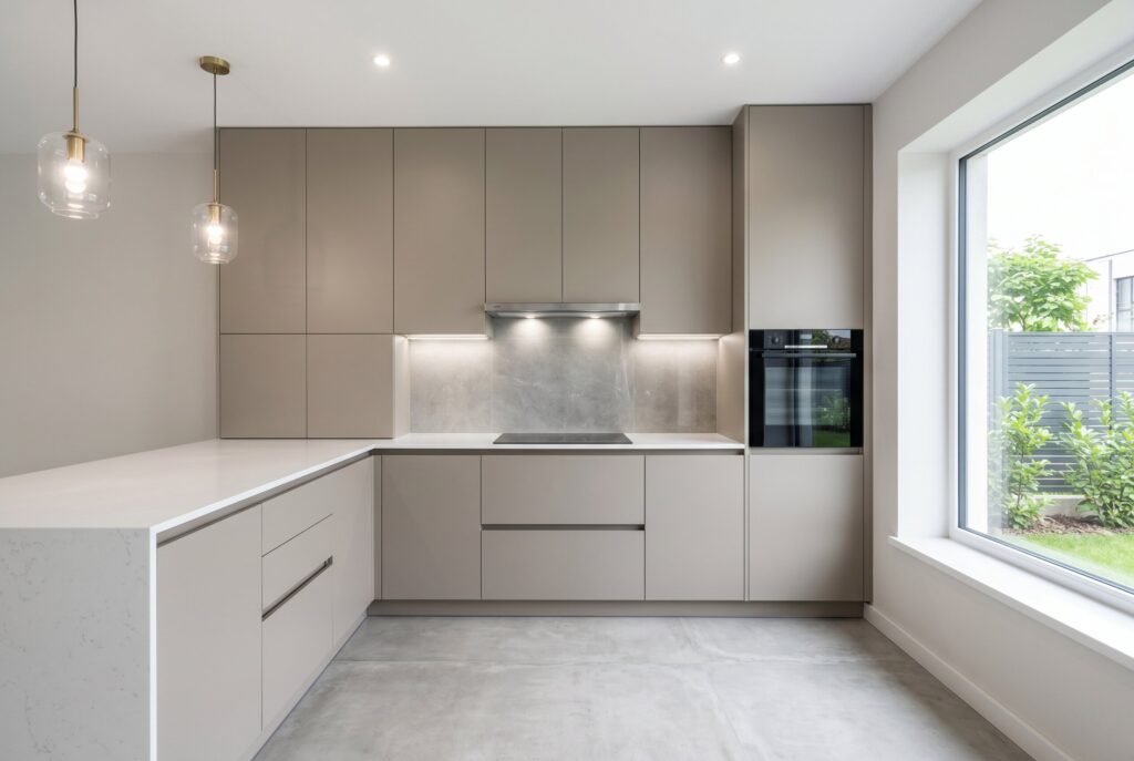Minimalist flat panel kitchen with seamless taupe cabinetry and integrated appliances.