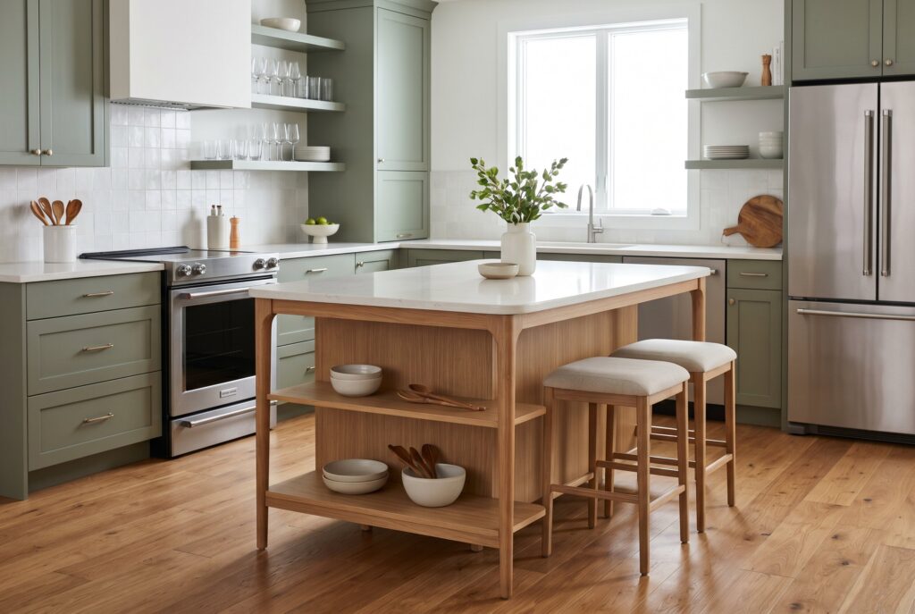 Furniture style kitchen island with open shelving, wood legs, and integrated seating.