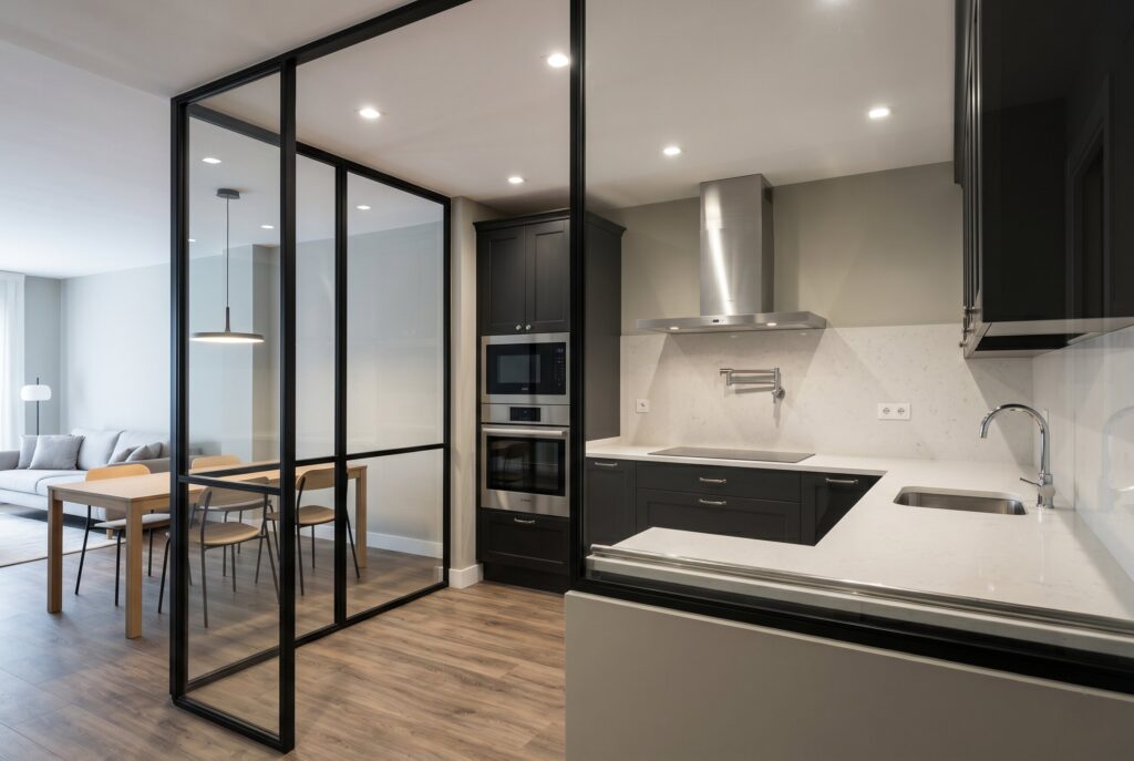 Semi enclosed kitchen with black framed glass partitions and separated cooking zone.