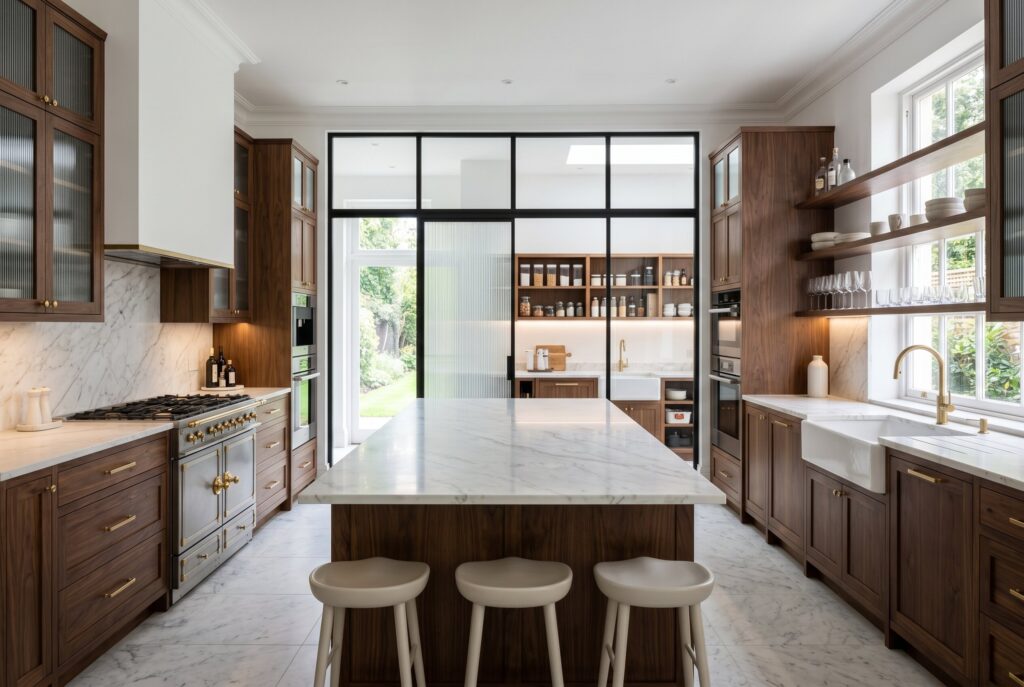 Broken plan kitchen with walnut cabinetry, glass divider wall, and hidden prep area.