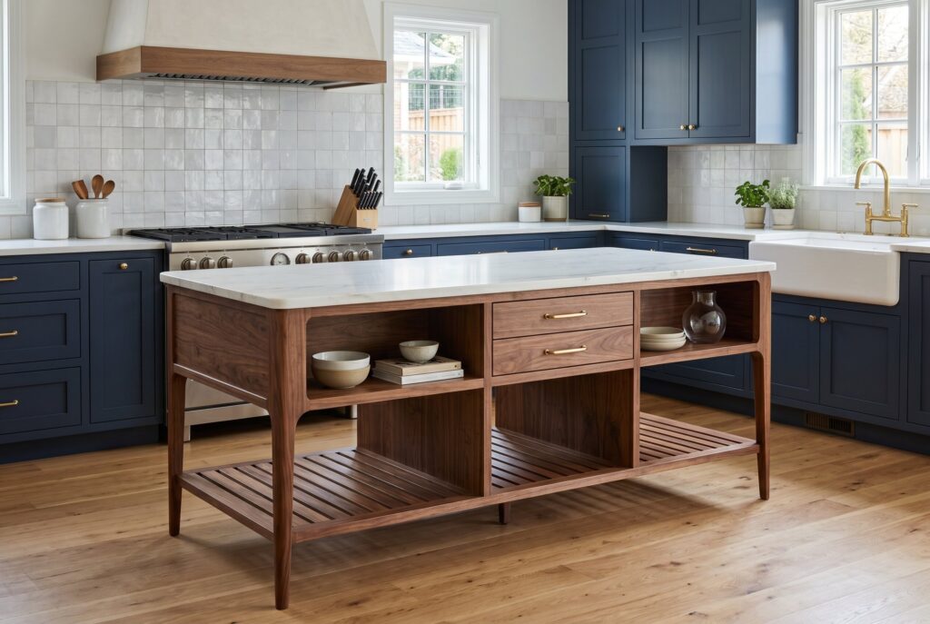 Navy and walnut kitchen with furniture inspired island and open lower storage.