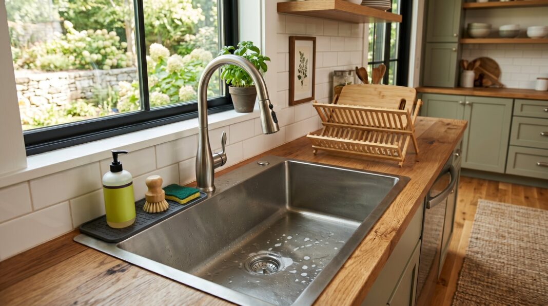 Stainless steel sink on a wooden countertop by a window with a dish rack and soap.