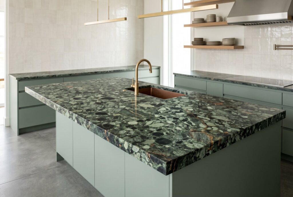 Statement green stone kitchen island with full slab waterfall edges and brass fixtures.