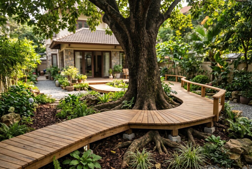 Floating wood deck around mature tree roots with integrated landscape design. 
