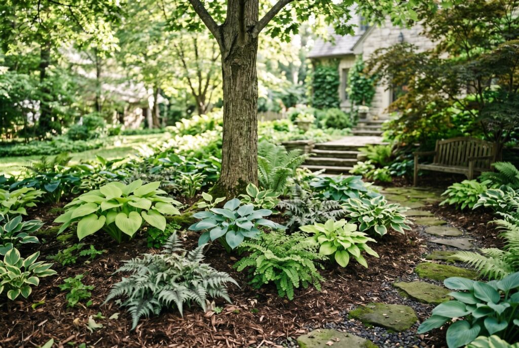 Hosta and fern shade garden under mature tree with lush woodland landscaping. 