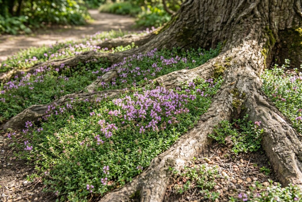 Creeping thyme ground cover around exposed tree roots with soft purple blooms. 