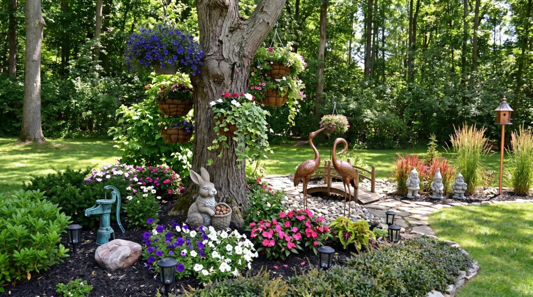 Landscaping around trees with colorful flower beds, mulch ring, and mature shade tree focal point.