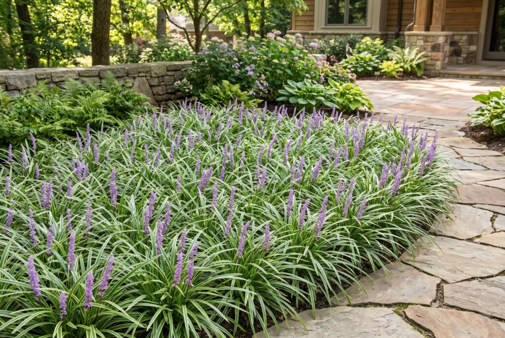 Liriope with ornamental grass-like foliage and purple flower spikes near a stone path.