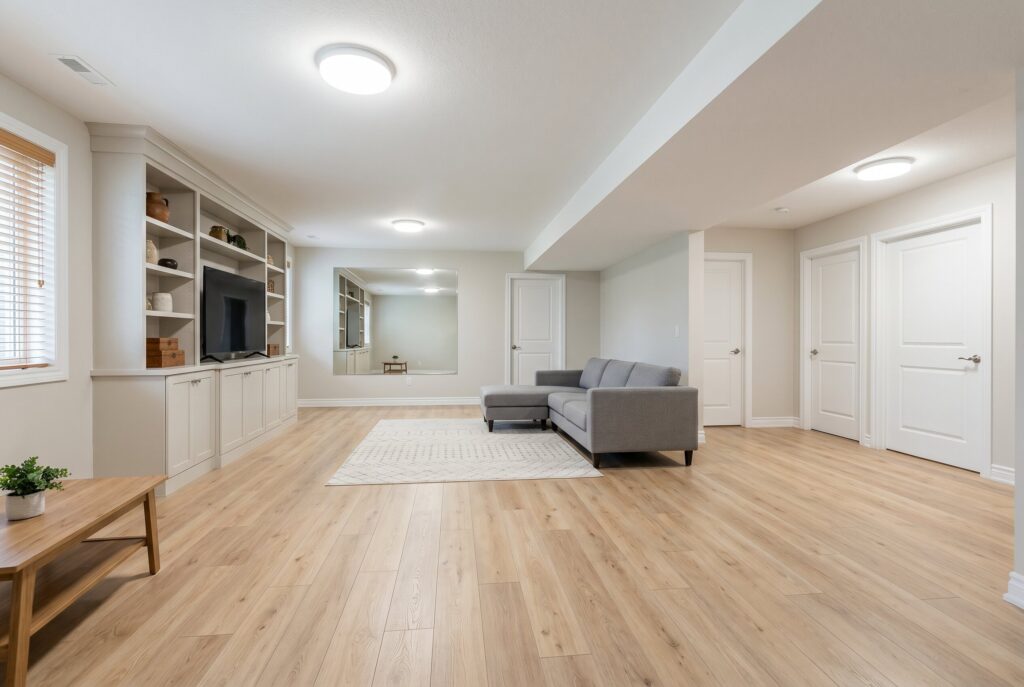 LED cove lighting reflecting brightness throughout a finished basement living area.