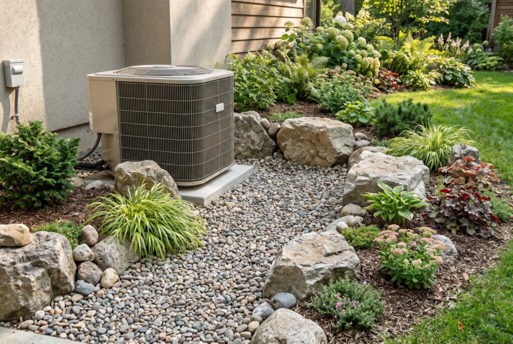 Air conditioner landscaping with gravel ground cover, boulders, and low maintenance plants.