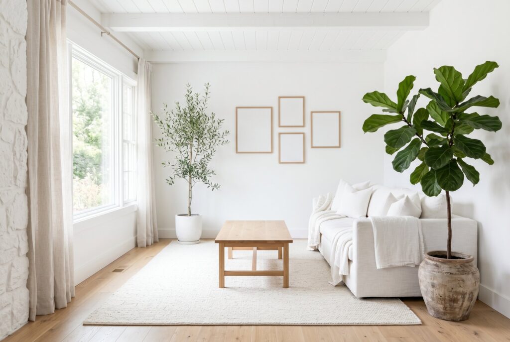 White living room with woven baskets, rattan cabinet, cane chair, and soft neutral textures.