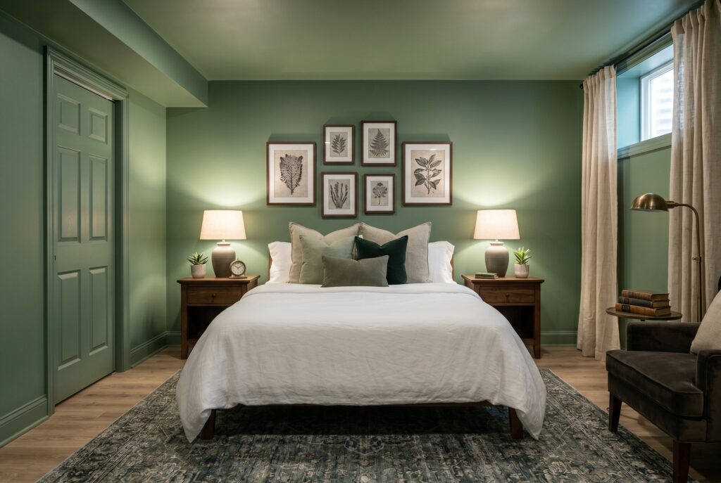 Sage green color drenched basement bedroom with matching walls, trim, and ceiling.