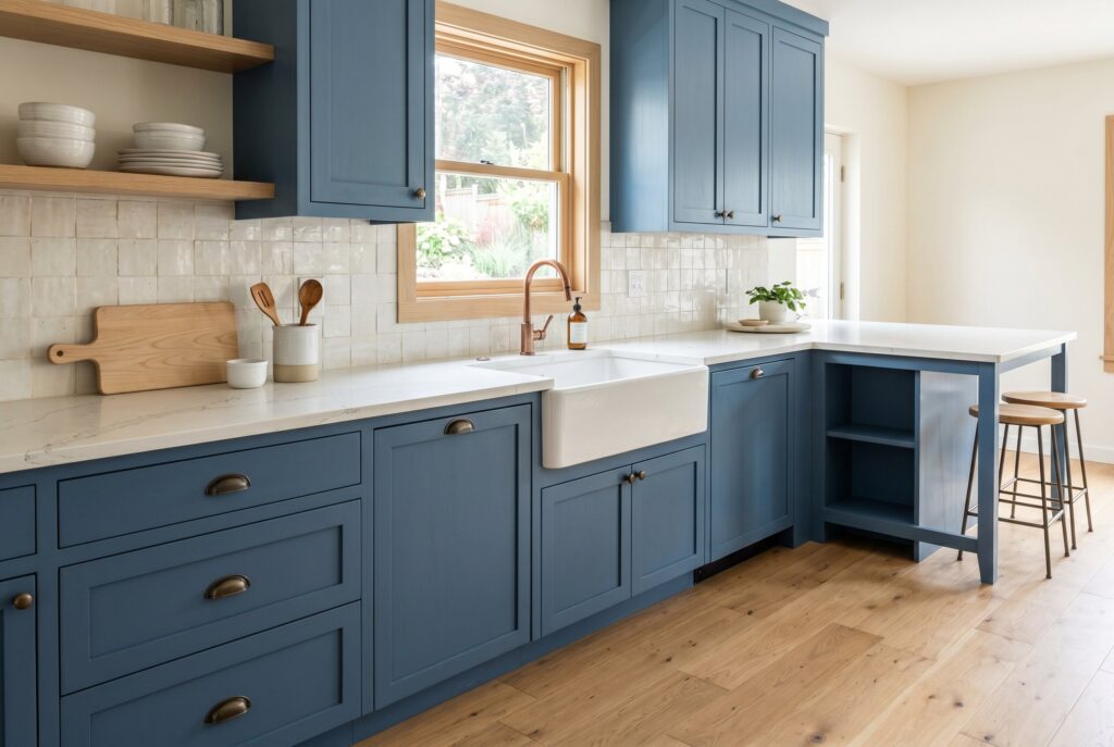Denim Blue kitchen cabinets with apron front sink, open shelving, and warm wood accents.
