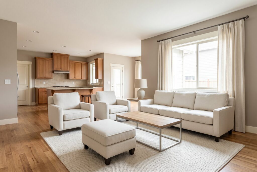 Mushroom toned living room with ivory sectional, light wood flooring, and open kitchen view. 
