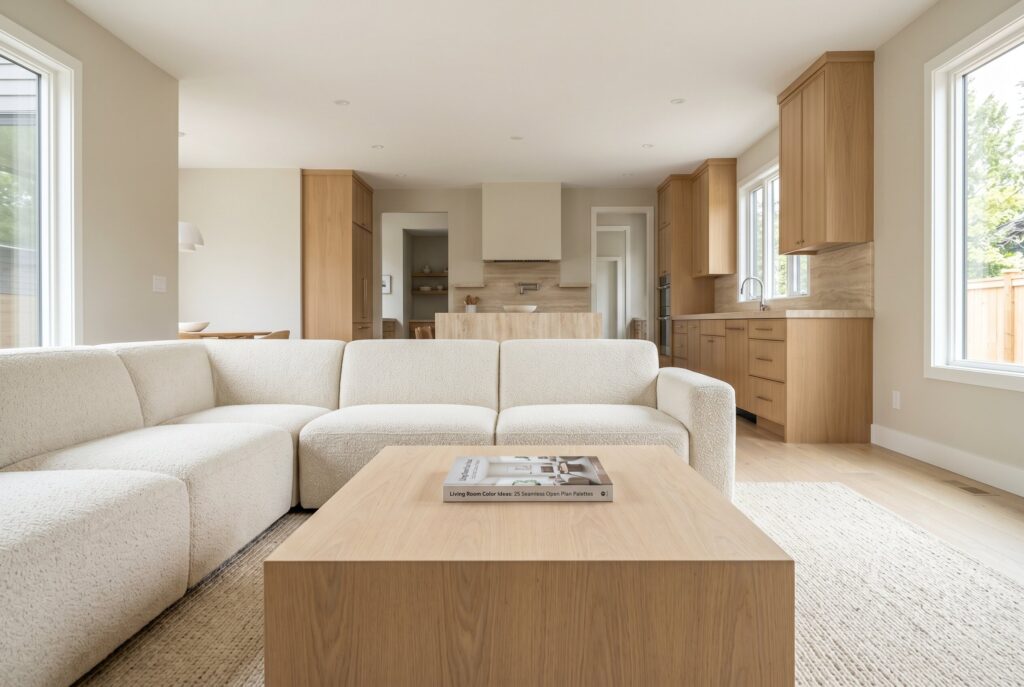 Modern organic living room with cream sectional, pale oak coffee table, and warm oak kitchen. 