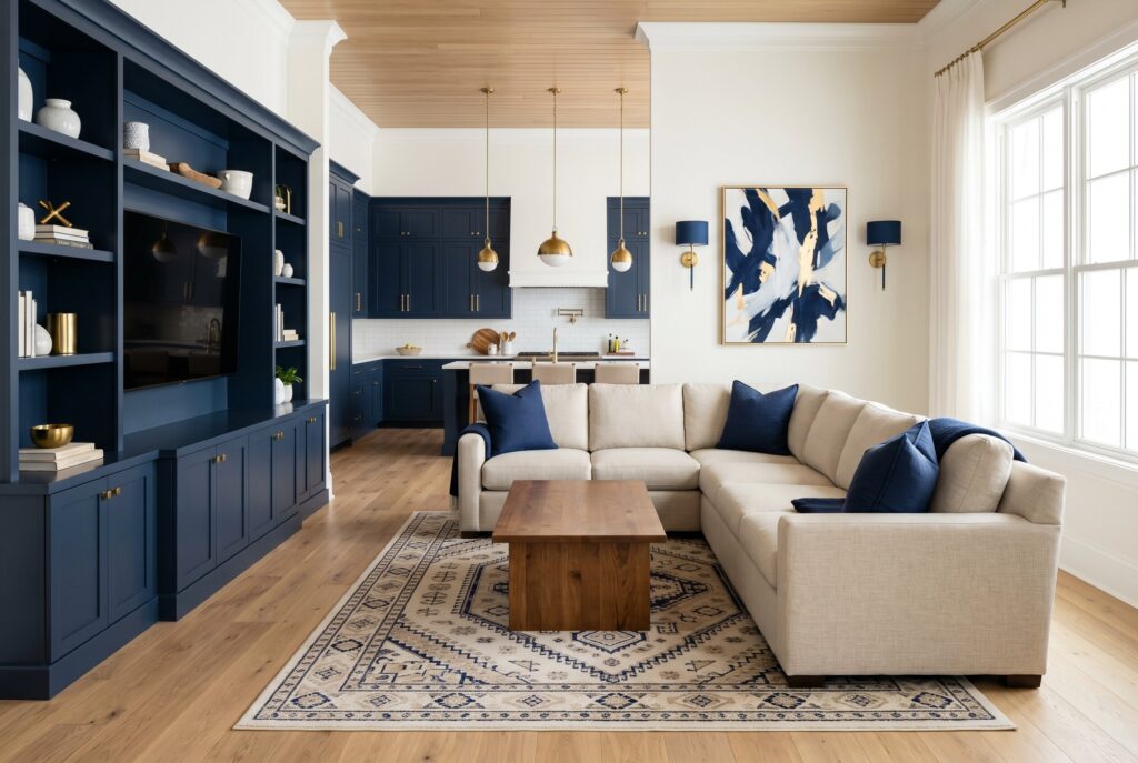 Swiss Coffee living room with navy built ins, cream sectional, patterned rug, and navy kitchen. 