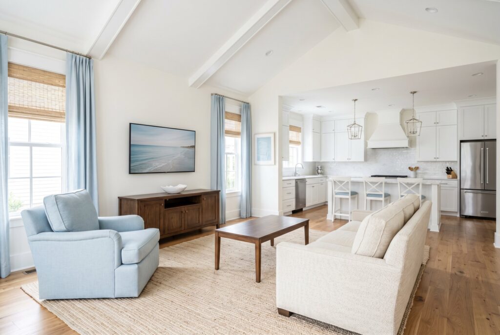 Soft white living room with pale blue armchair, coastal artwork, and white kitchen backdrop. 