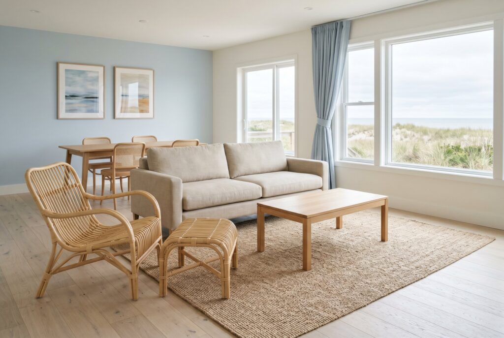 Cloud blue living room with beige sofa, woven furniture, and coastal inspired palette. 