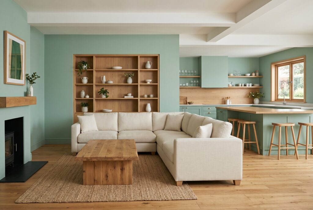 Sea glass green living room with cream sectional, oak shelving, and matching green kitchen. 