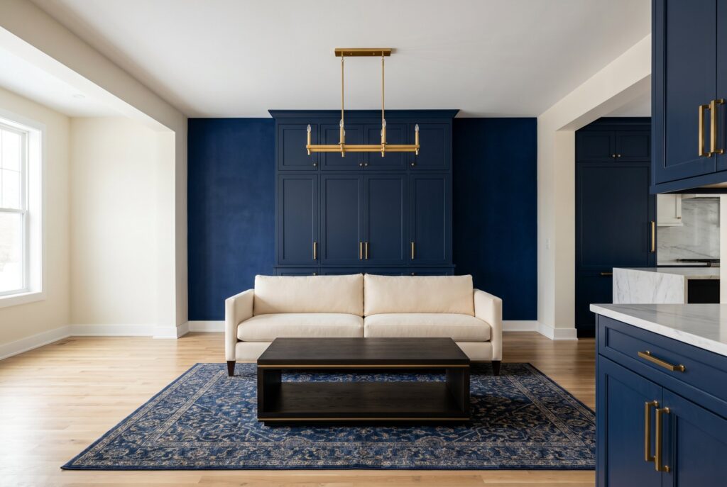 Navy and warm gold living room with navy built ins, cream sofa, and matching navy kitchen. 