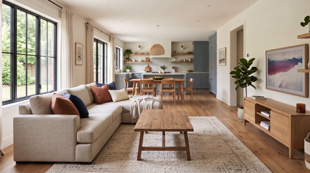 Open plan living room with cream sectional, oak furniture, and warm neutral kitchen backdrop.