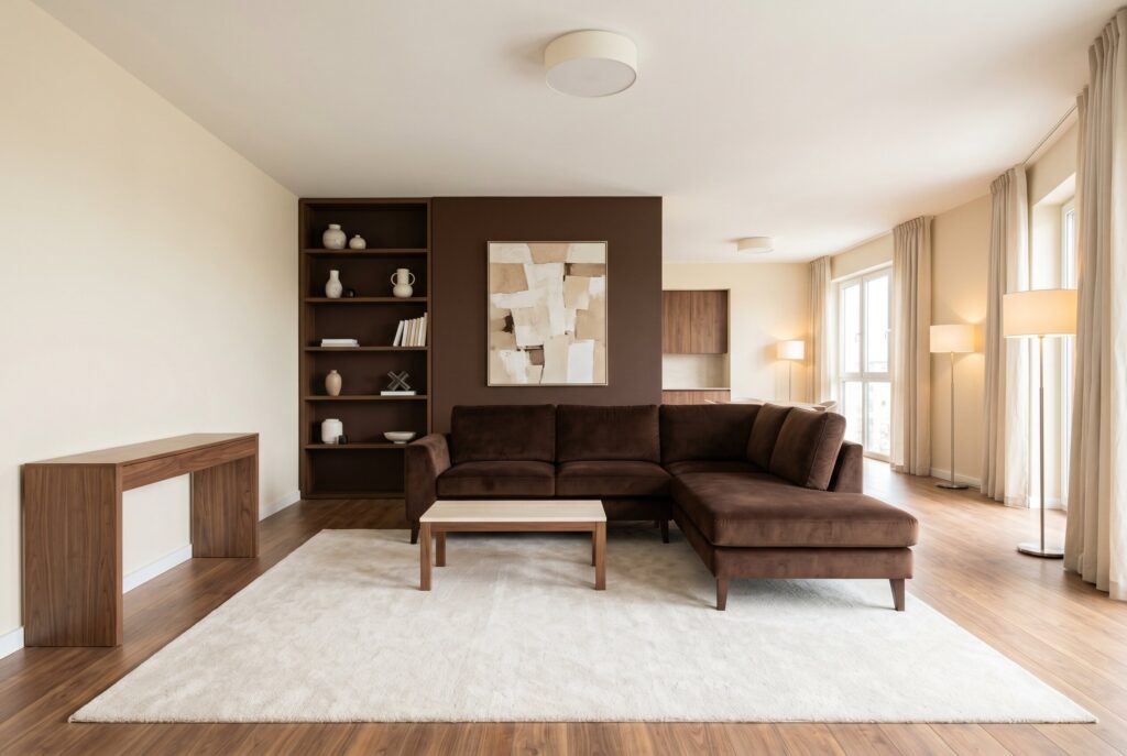 Chocolate brown accent wall with sectional sofa, cream rug, and warm wood furnishings. 