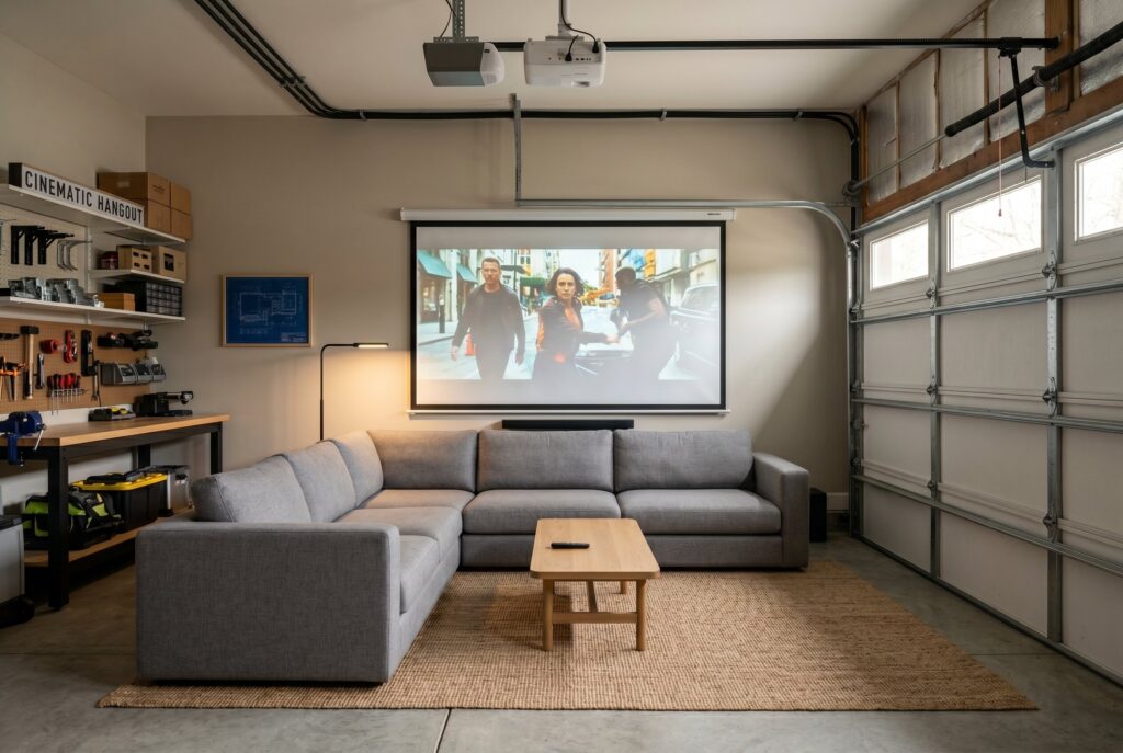 Japandi cinematic lounge with projector screen, low sectional sofa, and garage theater setup. 