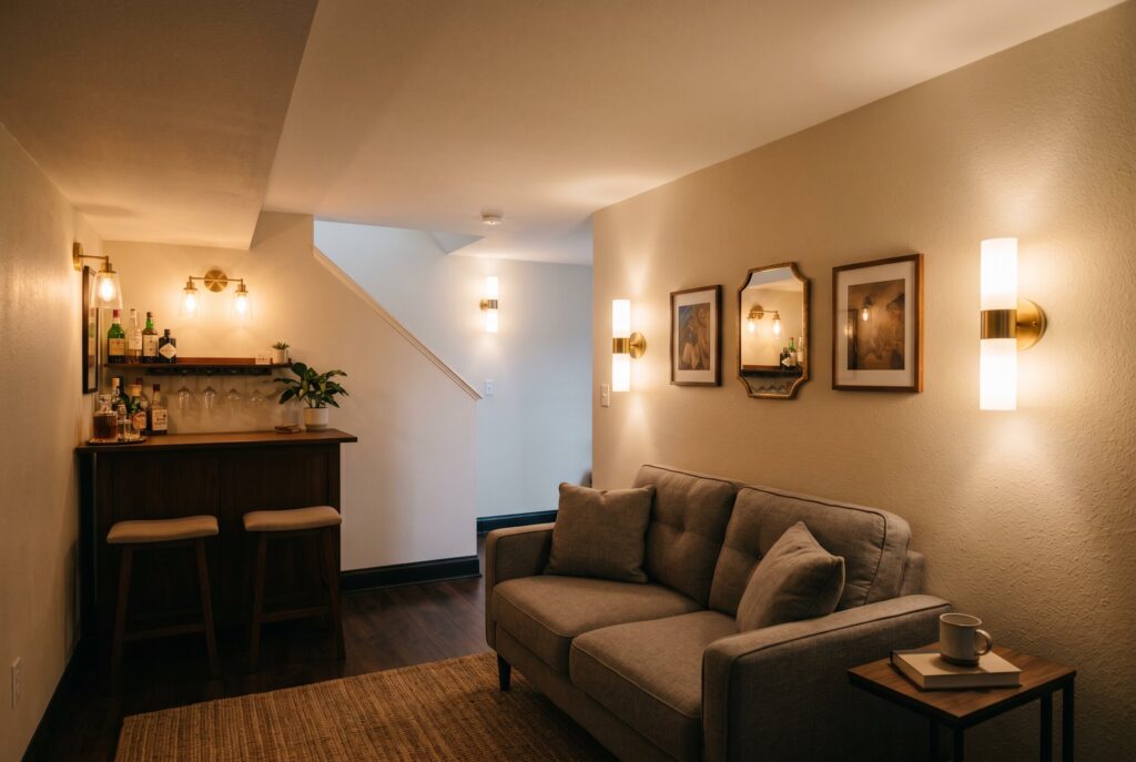 Layered wall sconces illuminating basement lounge and compact under stair bar area.