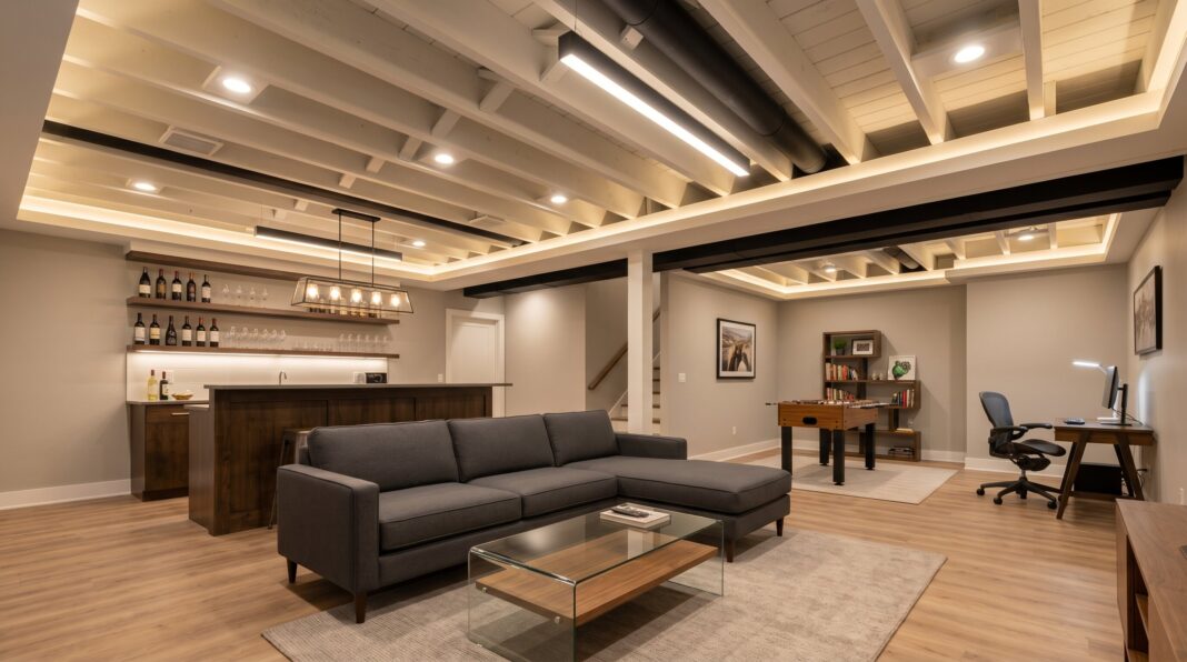 Finished basement with coffered ceiling lighting, sectional sofa, bar area, and home office.