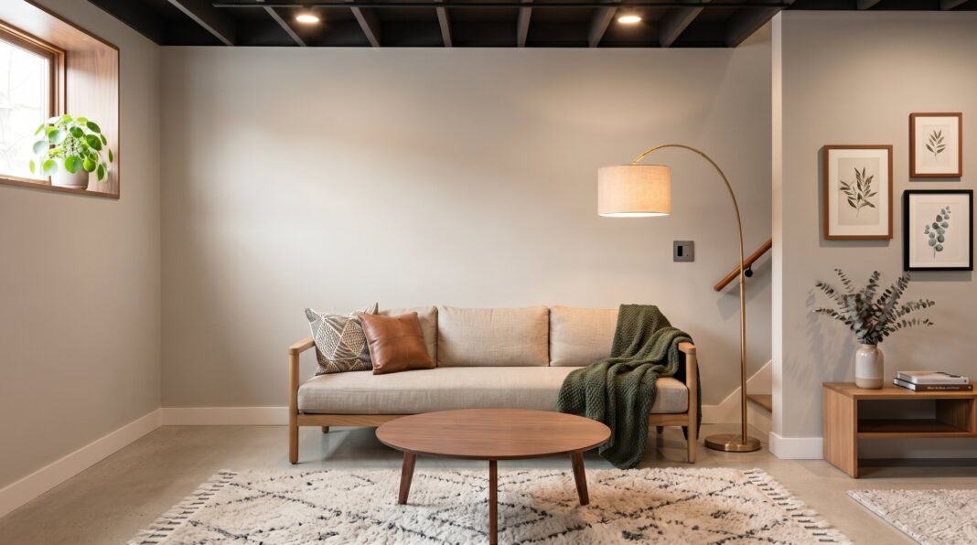 Finished basement lounge with neutral sofa, floor lamp, and smooth wall panel covering.