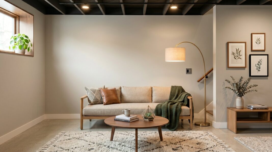 Finished basement lounge with neutral sofa, floor lamp, and smooth wall panel covering.