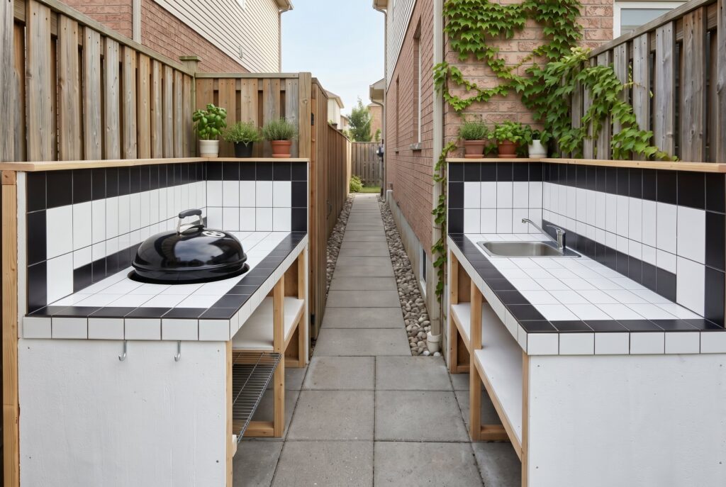 Tiled galley outdoor kitchen corridor with parallel counters in a narrow side yard. 