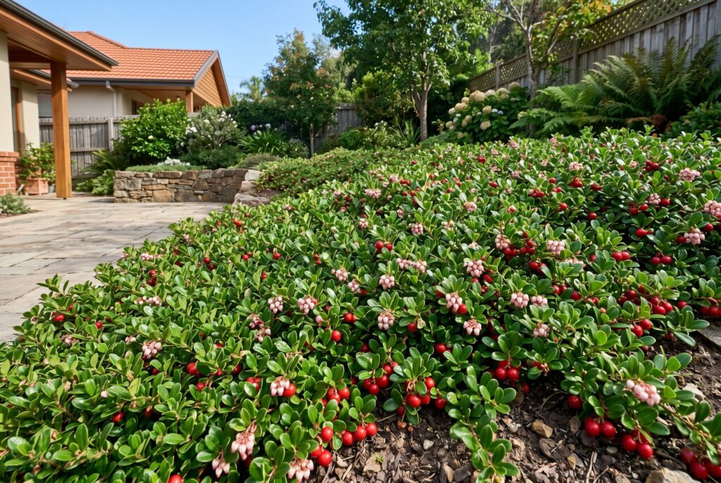 Bearberry growing as a dense mat of glossy evergreen foliage featuring bright red berries on a rocky, drought-tolerant slope.