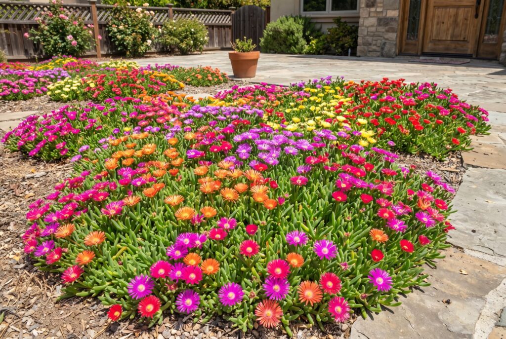 Drought-tolerant ice plant displaying vibrant pink, orange, and yellow flowers over succulent leaves in a sunny, low-water landscape.