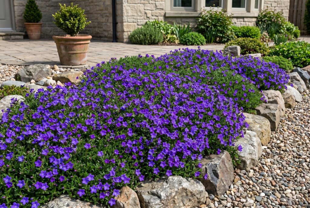 Lithodora ground cover producing intense blue-purple star-shaped flowers over fine evergreen foliage along a rocky garden border.
