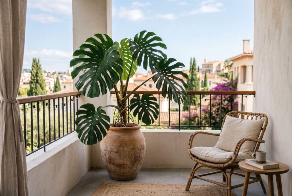 Oversized monstera plant in decorative pot creating focal point on balcony. 