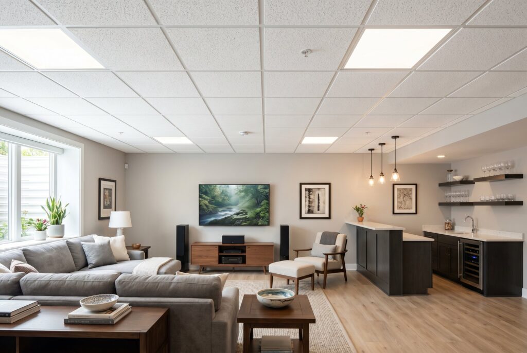 Finished basement with acoustic ceiling tiles, lounge seating, and wet bar.