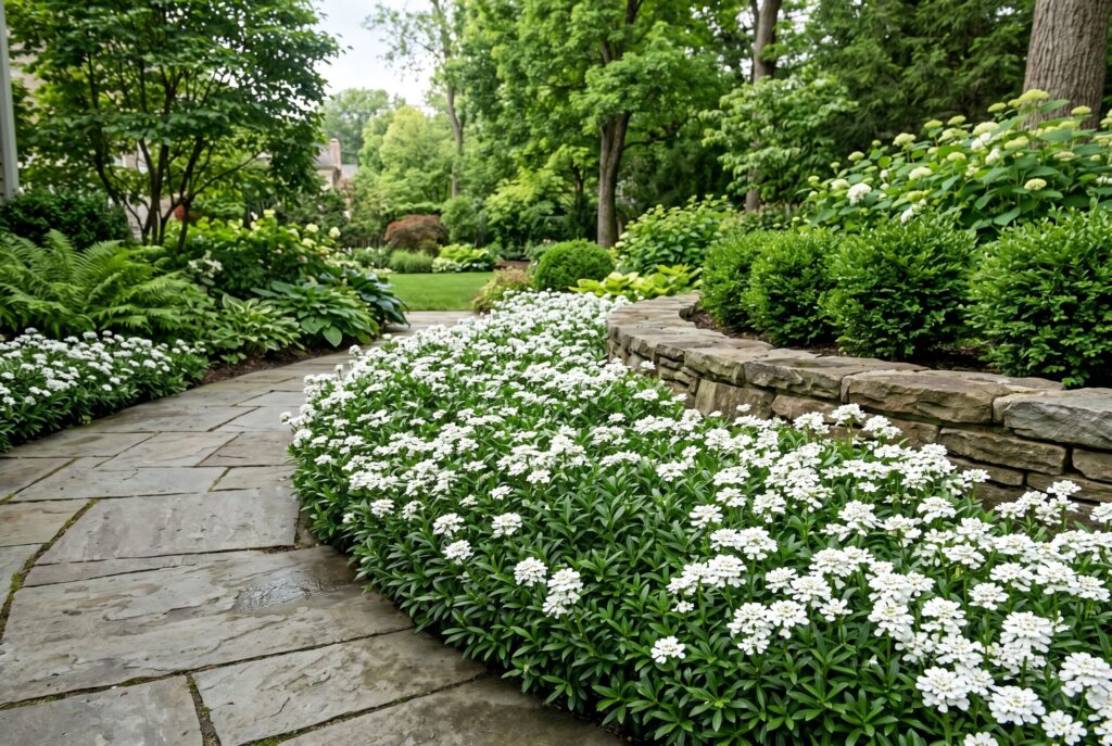 Candytuft forming a neat, low-growing border covered in crisp white flowers along a stone retaining wall and garden walkway.
