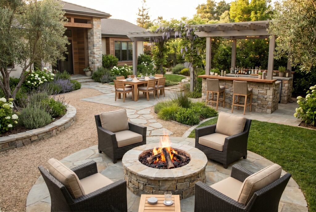 Resort style backyard with fire pit, outdoor bar, dining area, and connected landscape zones.