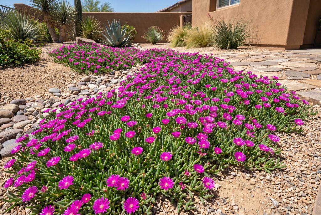 Vivid purple flowers of an ice plant ground cover flourishing in a dry, sandy desert-style landscape.