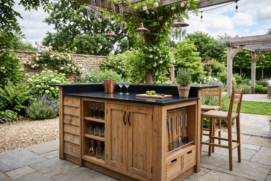 Oak wood outdoor bar with stone countertop and backyard entertaining space.