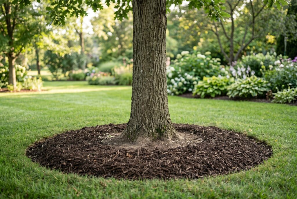 Organic mulch ring around mature tree with exposed root flare and healthy lawn backdrop. 