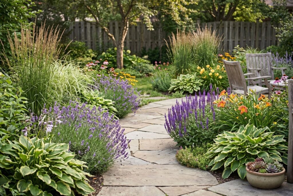 Perennial garden border with lavender, ornamental grasses, and colorful patio plantings. 