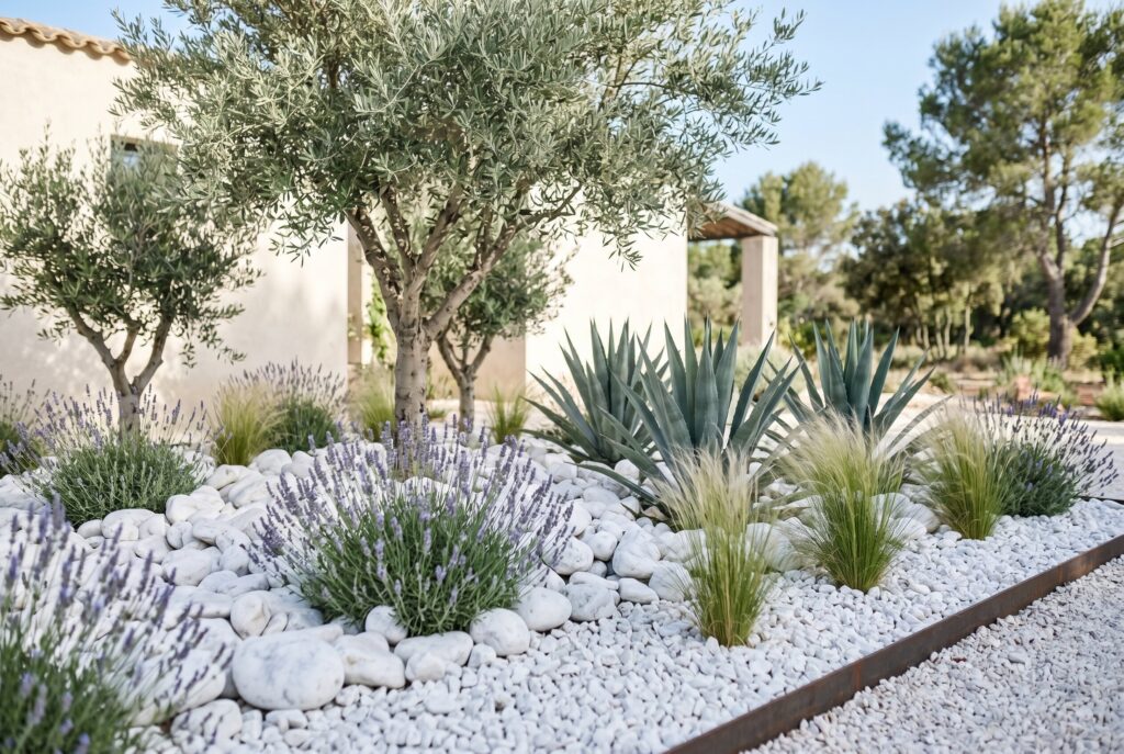 White marble rock garden with olive trees, ornamental grasses, and minimalist planting design.