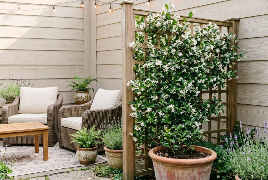 Jasmine climbing trellis creating fragrant privacy screen beside outdoor seating. 