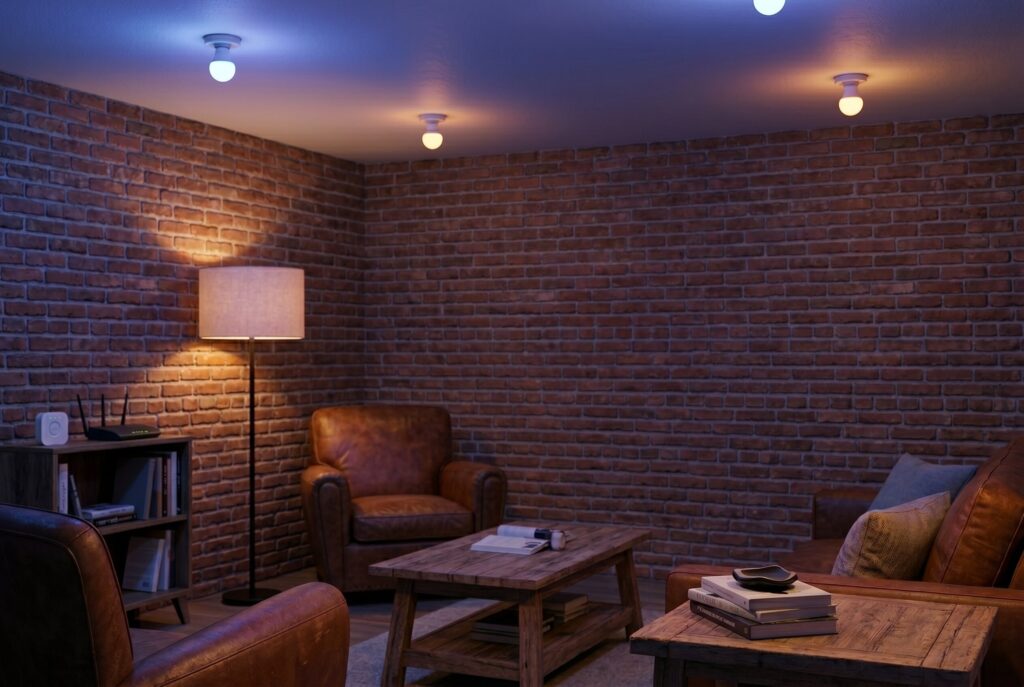 Smart circadian rhythm lighting shifting color temperature in basement office and gym.