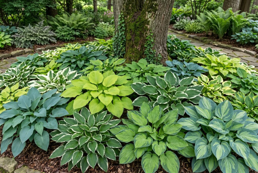Closely planted hostas with broad green leaves blocking sunlight in a shady border around a tree.