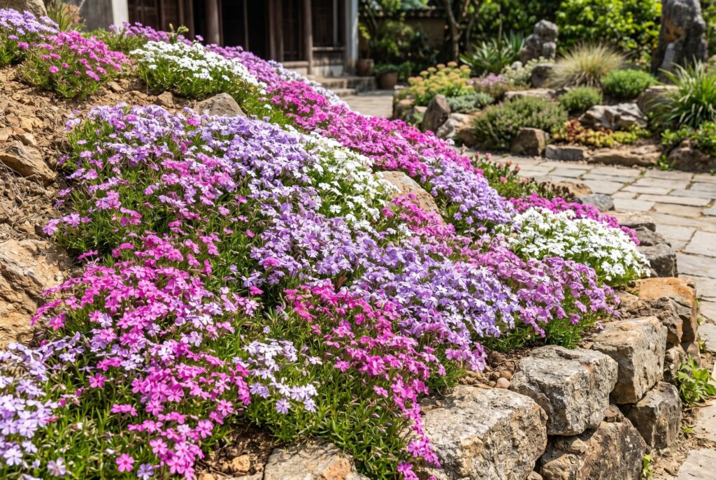 Creeping phlox forming a bright spring carpet of pink, purple, and white blooms cascading beautifully over a rocky retaining wall.
