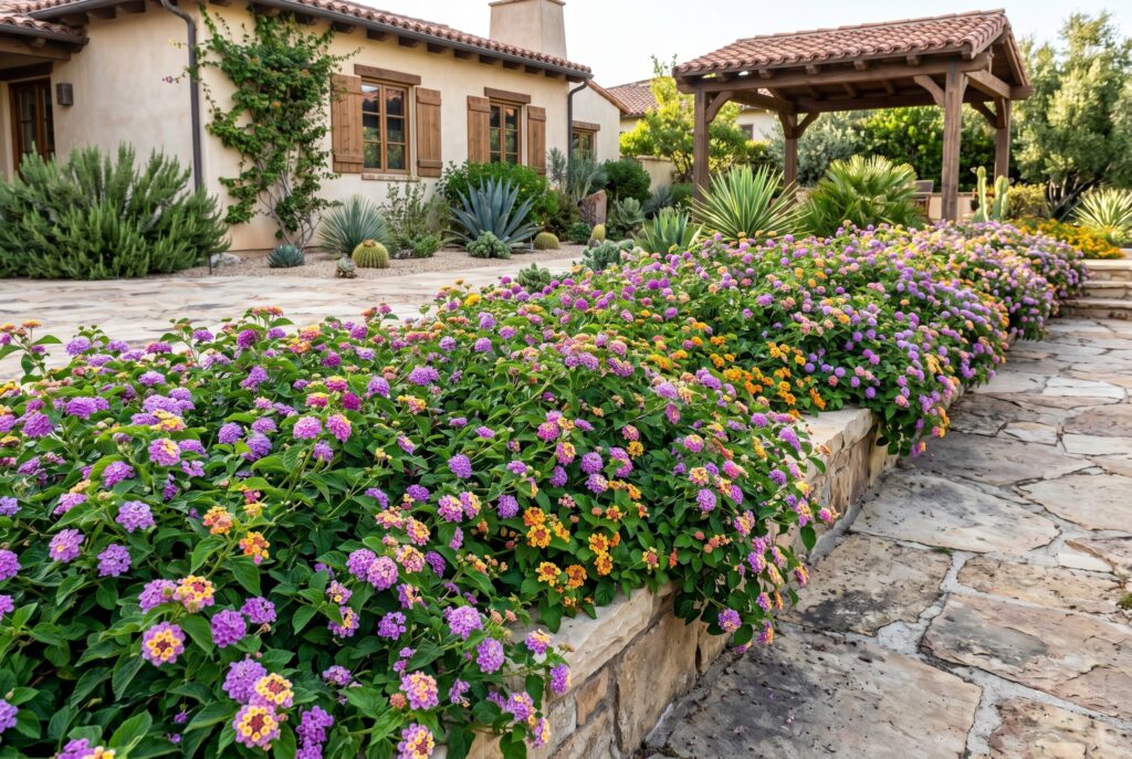 Heat-loving lantana ground cover blooming heavily with vibrant purple and yellow flowers along a low stone garden wall.